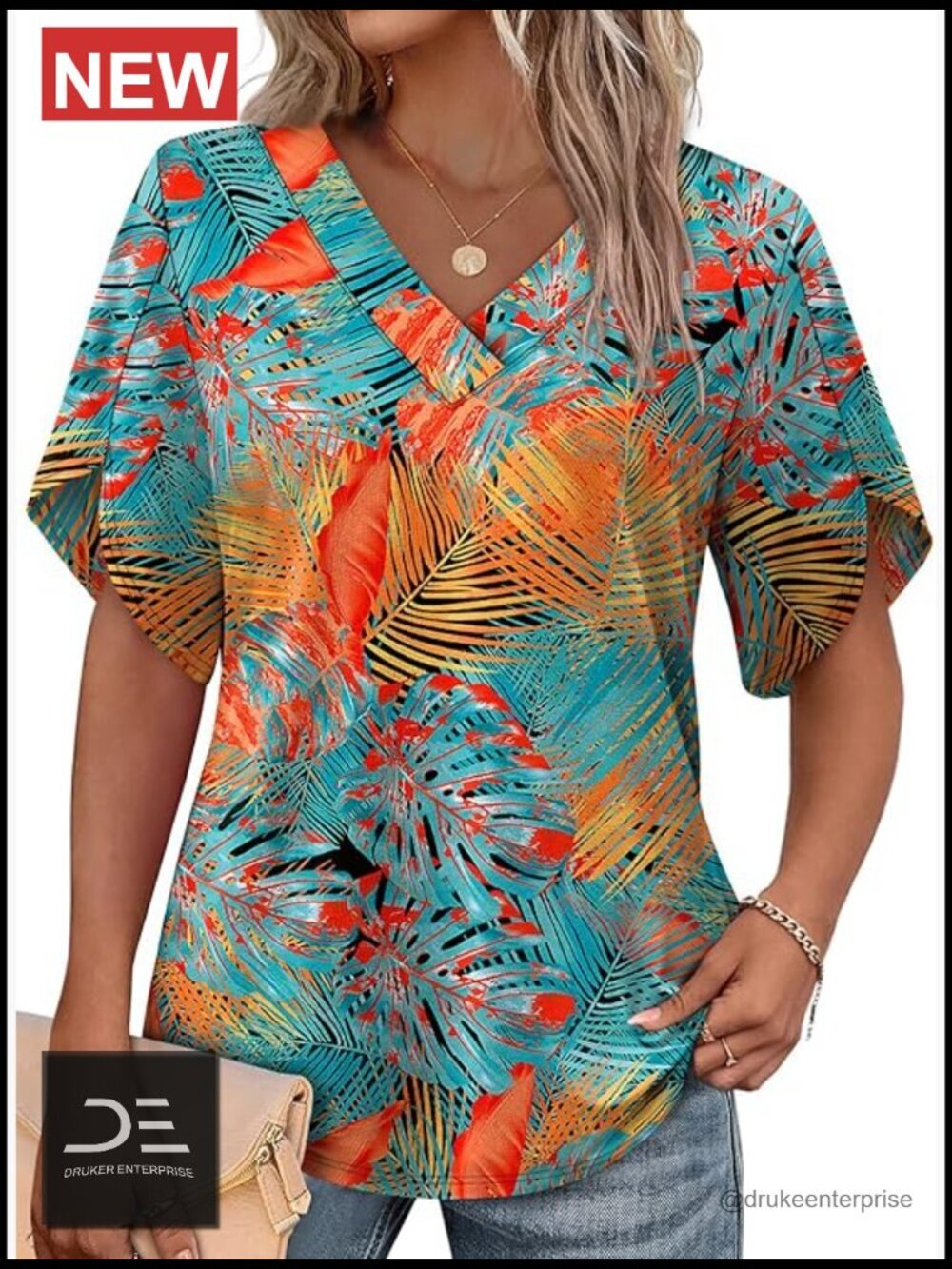 V-Neck Short Sleeve Petal Sleeve Blouse Polyester Rayon Spandex Loose Fit